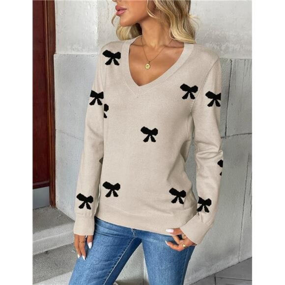 Womens V neck sweater long sleeve ribbed knit lightweight pullover top fall - Picture 2 of 5